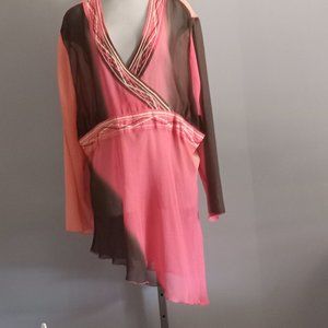 Penningtons deep v asymmetrical long sleeve multicolour sheer boho top blouse 4X